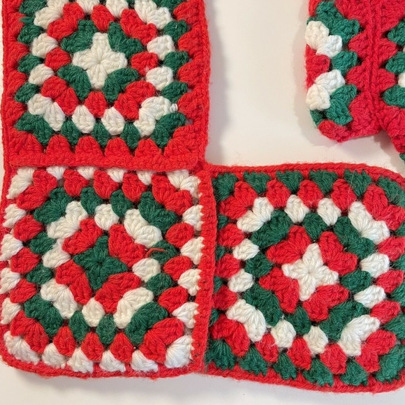 Vtg Granny Square Christmas Stocking Set Red Hand Crocheted 70s Holiday Decor - Picture 2 of 11